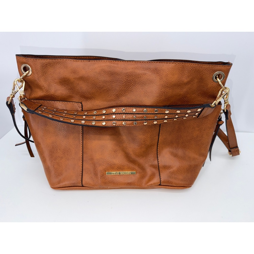 Steve Madden Hobo Bag Womens Cognac Brown Excellent Studded Vegan Leather